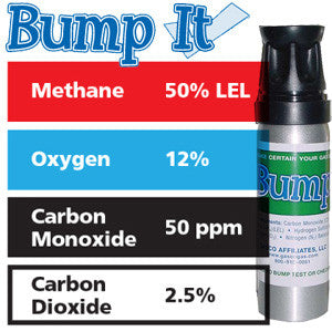 Gasco Multi-Gas Bump-It 395: 50% LEL Methane, 12% Oxygen, 50 ppm Carbon Monoxide, 2.5% Carbon Dioxide, Balance Nitrogen