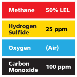 Gasco Multi-Gas 404: 50% LEL Methane, 20.8% Oxygen, 100 ppm Carbon Monoxide, 25 ppm Hydrogen Sulfide, Balance Nitrogen