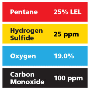 Gasco Multi-Gas 411: 25% LEL Pentane, 19% Oxygen, 100 ppm Carbon Monoxide, 25 ppm Hydrogen Sulfide, Balance Nitrogen