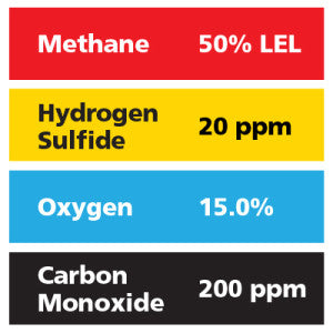 Gasco Multi-Gas 416: 50% LEL Methane, 15% Oxygen, 200 ppm Carbon Monoxide, 20 ppm Hydrogen Sulfide, Balance Nitrogen