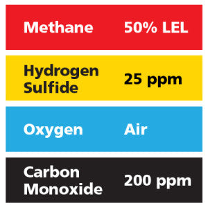Gasco Multi-Gas 431: 50% LEL Methane, 200 ppm Carbon Monoxide, 25 ppm Hydrogen Sulfide, Balance Air