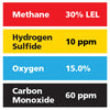 Gasco Multi-Gas 443: 30% LEL Methane, 15% Oxygen, 60 ppm Carbon Monoxide, 10 ppm Hydrogen Sulfide, Balance Nitrogen